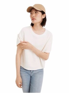 Madewell Textured Ivory and Tan Striped Short-Sleeve Knit Top Size Large #2157